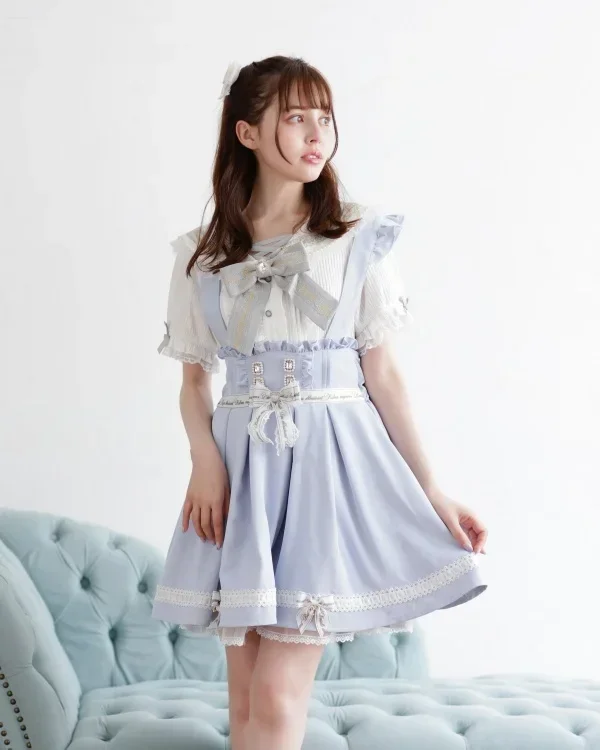 Japanese Liz Sweet Girls Rhienstone Bow Straps Skirt Mine Mass-Produced Detachable Ruffles Suspender Skirt Women Pleated Skirts