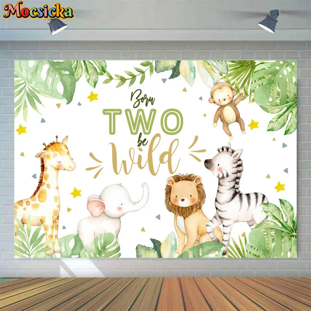 

Mocsicka TWO Wild Baby 2nd Birthday Backdrop Jungle Forest Leaves Boy Safari Party Photo Background Decoration Studio Photoshoot