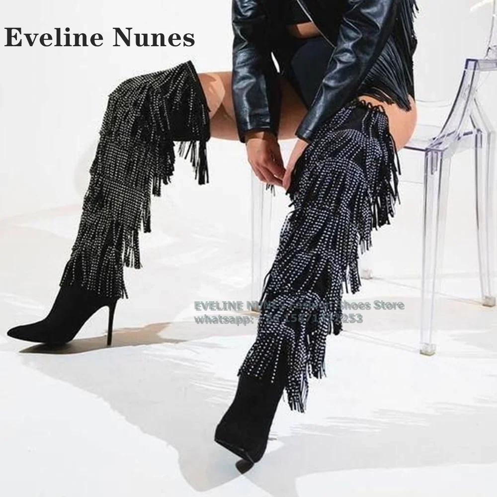 

Rhinestone Fringe Black Over The Knee Boot Zipper Closure Pointed Toe Stiletto Party Sexy Tall Boots Spicy Girl Runway Show 2024