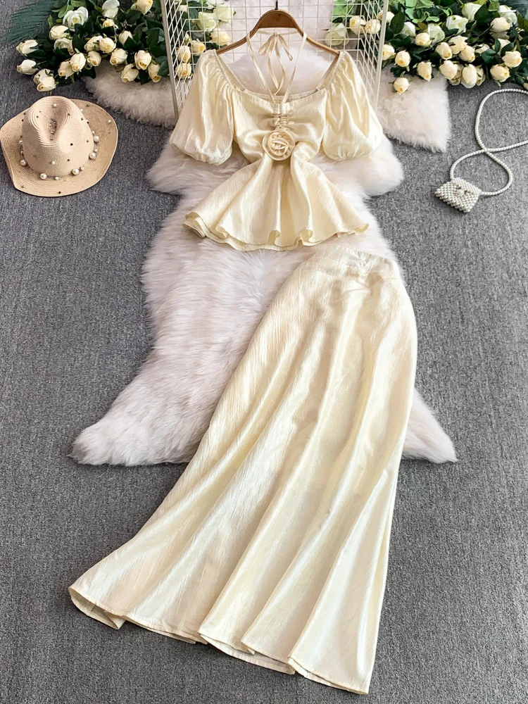 

Pure Desire Sexy Square Collar Bubble Sve irt Waist Cinching Skirt Top High Waist f Body Skirt Set Women's Faion