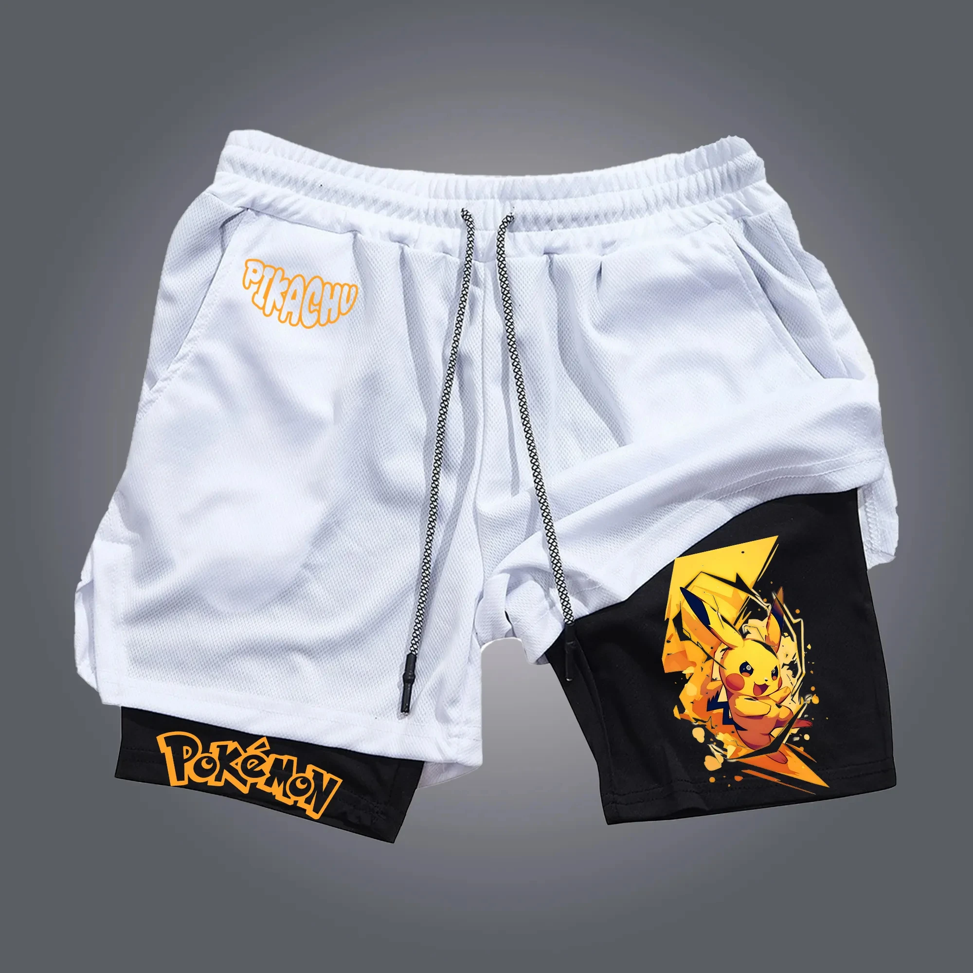 pokemon-pikachu-anime-impressao-shorts-2024-verao-masculino-esporte-shorts-cintura-elastica-casual-wear-preto-camada-interna-branco-laranja