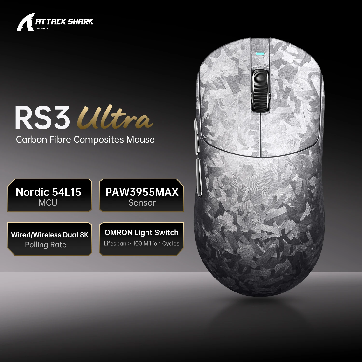 ATTACK SHARK RS3 Ultra Wireless Gaming Mouse PAW3955MAX 52000 DPI 66g Carbon Fiber 8K Polling Tri Mode