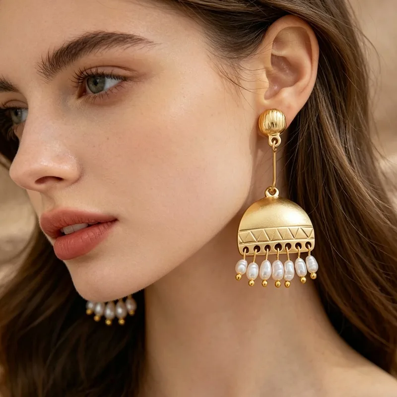 Minar Creative Faux Pearl Metallic Geometric Tassel Long Drop Earrings for Women Real Gold Silver Plated Copper Alloy Jewelry