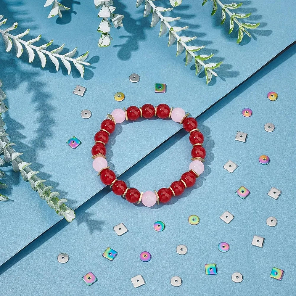 60 قطعة 2 أنماط 3 ألوان الفولاذ المقاوم للصدأ خزر عازل شقة مستديرة مربع حبة النتائج المعادن فضفاض الخرز ل أساور يدوية #3