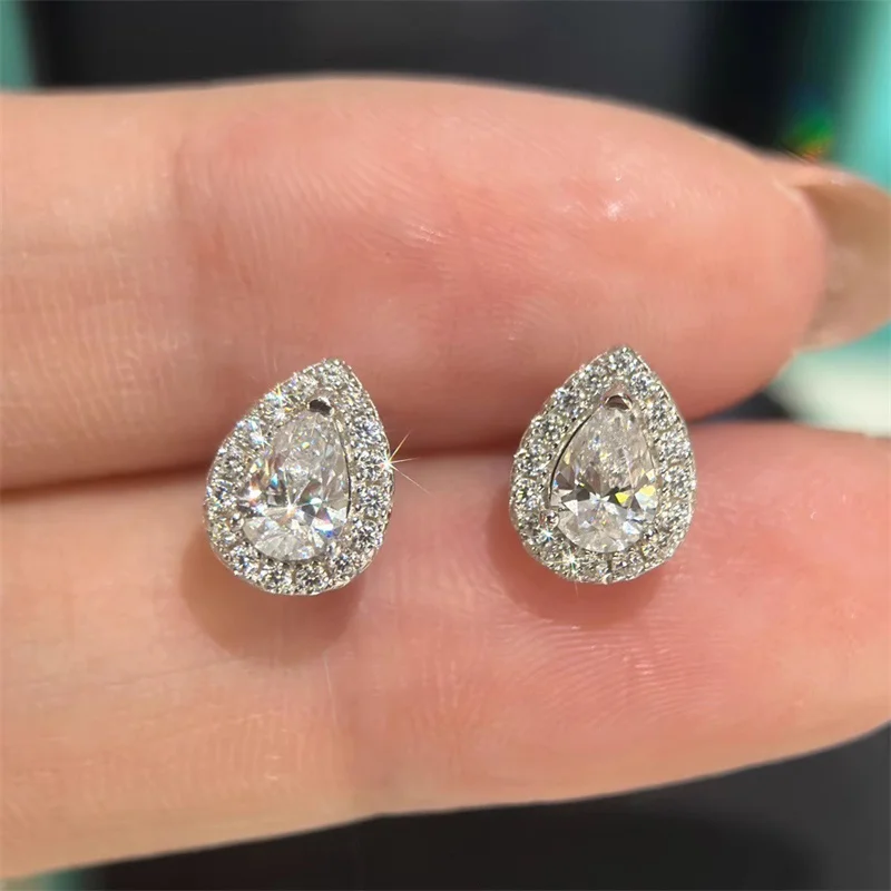 Water Drop Stud Earrings For Women White Zirconia Stone Fine Jewelry Brincos 925 Silver Needle Fashion Accessories E051