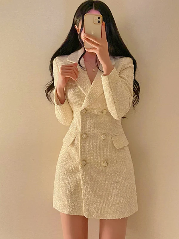 Koreaanse Sle Tweed Double Breasted Dr Dames Herfst Nieuwe Kleine Fraance Sle Lady Ele Pak Kraag halflange rok