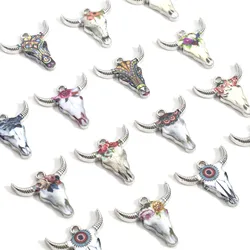 10PCs Multicolor Bull Head Charms Silver Color Bohemia Cow Head Enamel Pendants For Jewelry Making Diy Necklace Findings 22x21mm