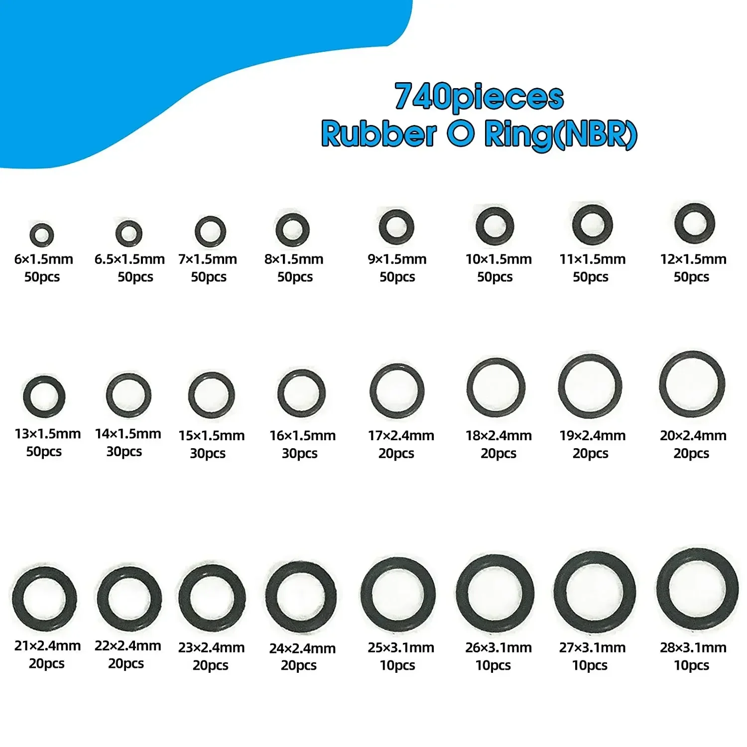 NBR 740/1200pcs NBR O-ring Set Nitrile Rubber Black O-ring Oil-resistant, Wear-resistant and Waterproof NBR ORing Sealing