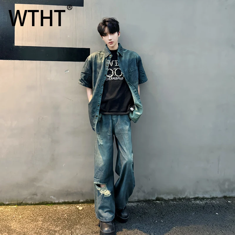 

WTHT Vintage Men‘s Gradient Pockets So Old Design Denim Shirts Fashion high-waisted straight jeans Male 2025 Summer 2A1411