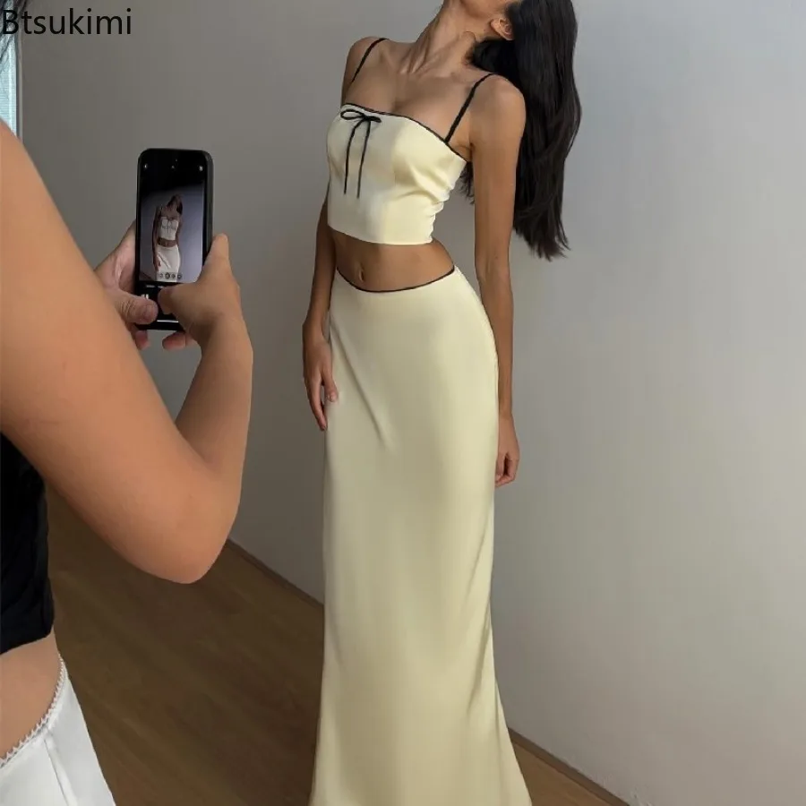 New Summer Sexy Camis Skirt Two Piece Set Women Sleeveless Crop Top and High Waist Skirt Solid Slim Club Party Streetwear Suit