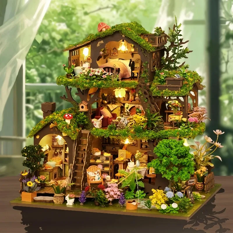 DIY Wooden Forest Treehouse Villa Cottage Miniature Dollhouse 3D Puzzle Assembly Model Kits for Adults Birthday Gifts Home Decor
