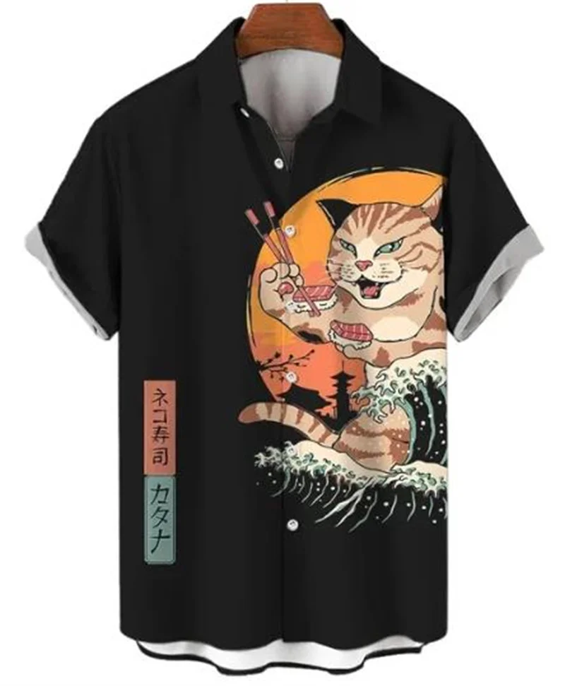 Fashionable Men's Shirts Cool Samurai and Cat Summer New Men's Casual Short Sleeve Button Loose Shirts Hawaiian Shirts