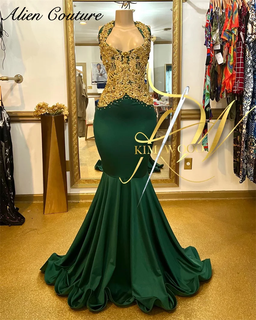 Glitter Esmeralda Verde Longo Vestido De Baile De Ouro Strass Beads Diamantes O-Neck Sparkly Vestido De Aniversário Vestidos De Festa Personalizado