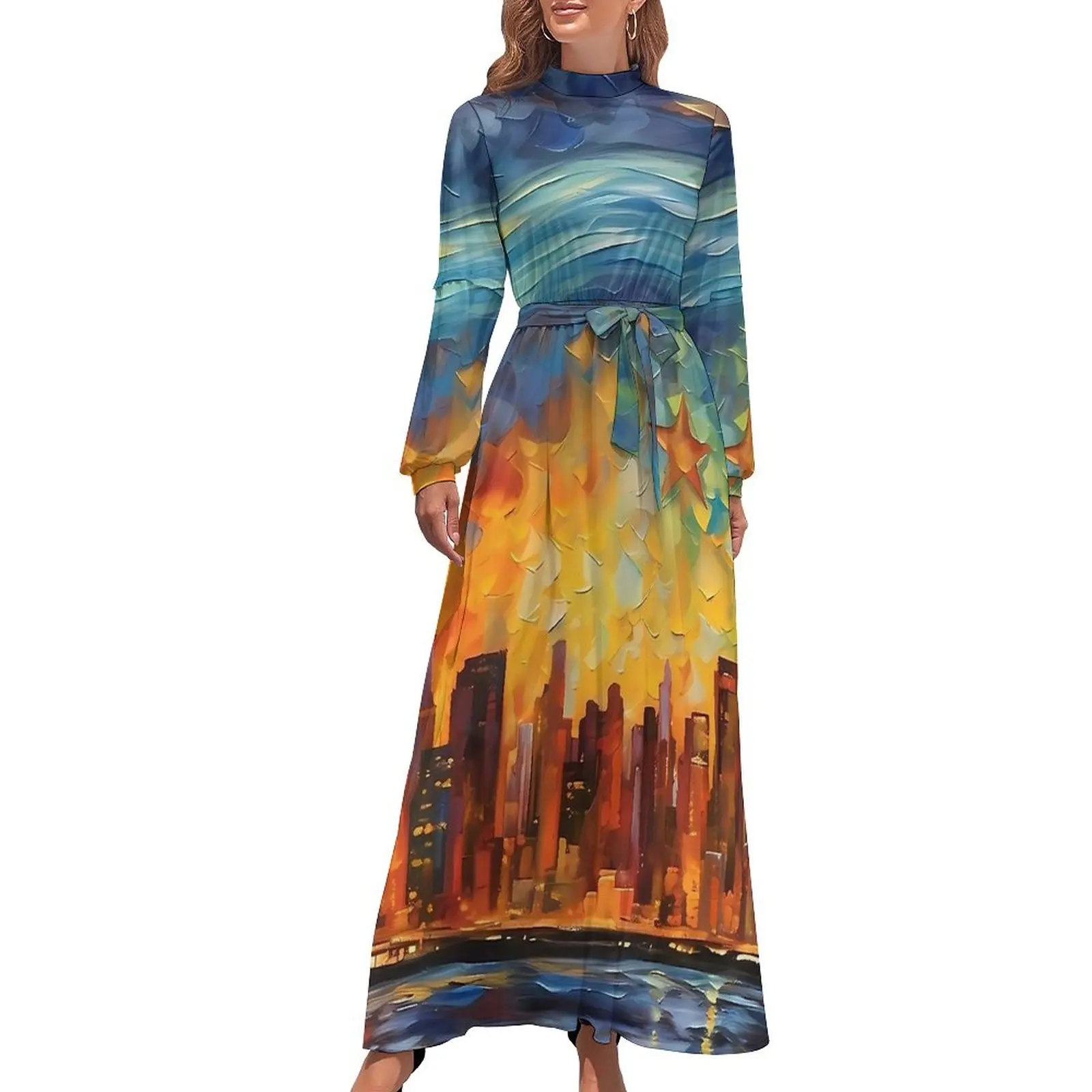 Abstraktes Sternennachtkleid Langarm Van Gogh Sexy Maxikleid Stehkragen Street Wear Print Böhmen Lange Kleider Geburtstagsgeschenk