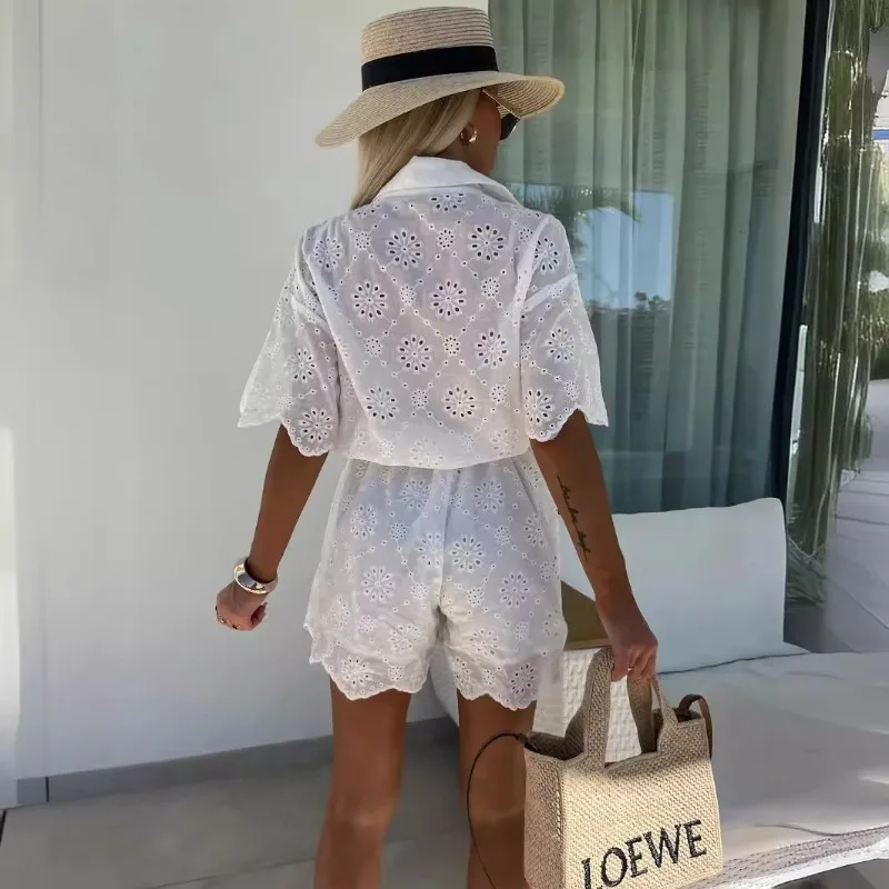 2024 Spring Summer New Women\'s Clothing Solid Color Embroidered Lace Shirt Jumpsuit Playsuit Shorts Pants