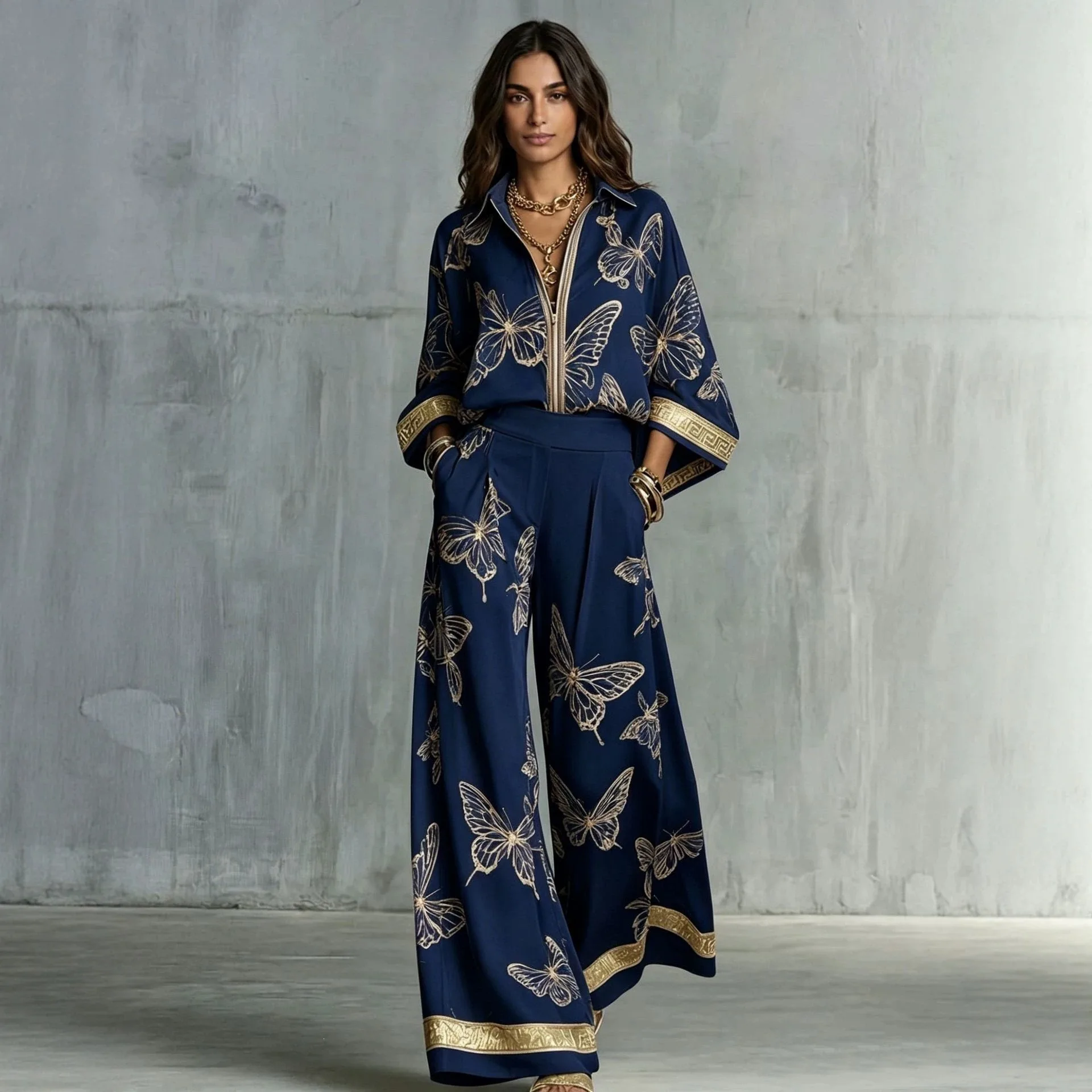 Women's 2026 Autumn/winter Printed Erotogenic Deep V Loose Zipper Top And Wide-leg Pants. Two-piece Set Clothing