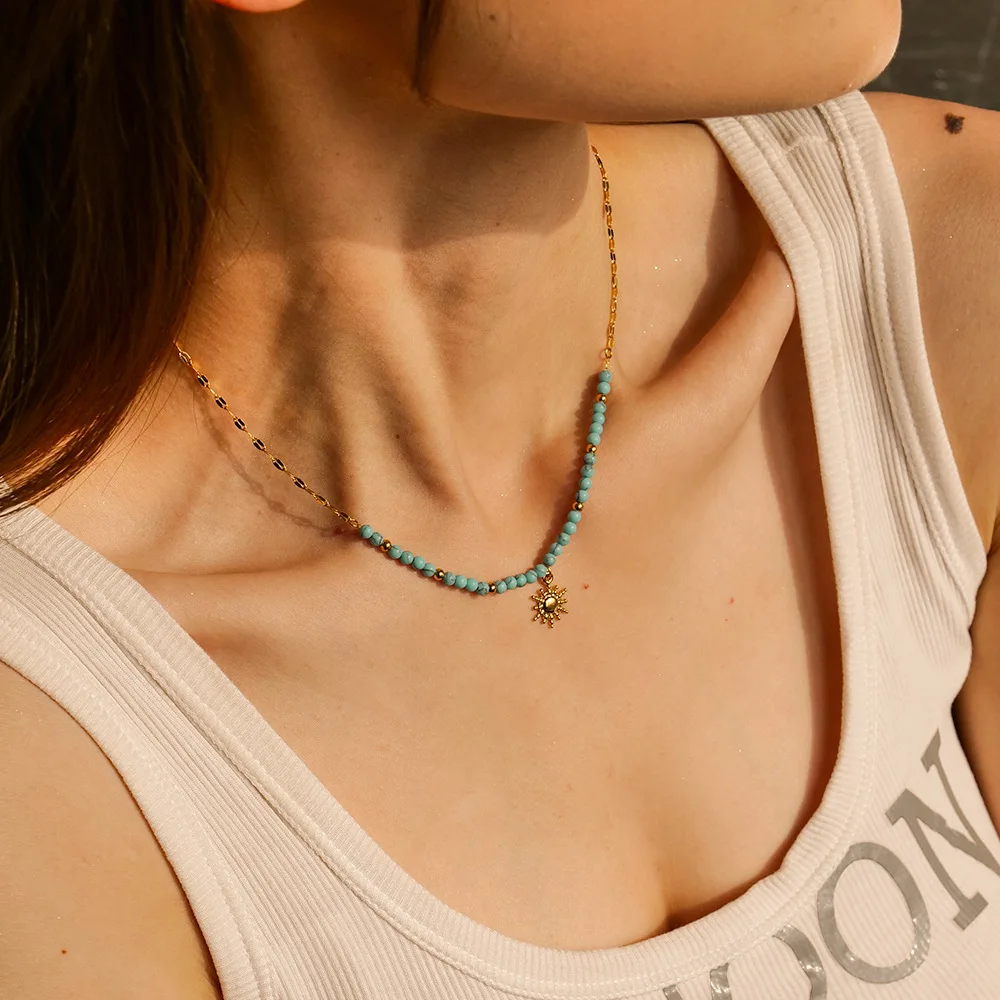 CARLIDANAJewelry Set Gold Plated  Fashion Bohemian Flower Pendant Stainless Steel Natural Stone Bead Necklace Bracelets Women