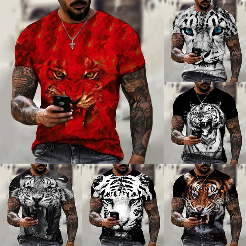 2024 New Men's Crew Neck Printed Tiger Pattern Short Sleeve T-Shirt Summer Casual Oversized Men Top Y2K Style Breathable T-Shirt