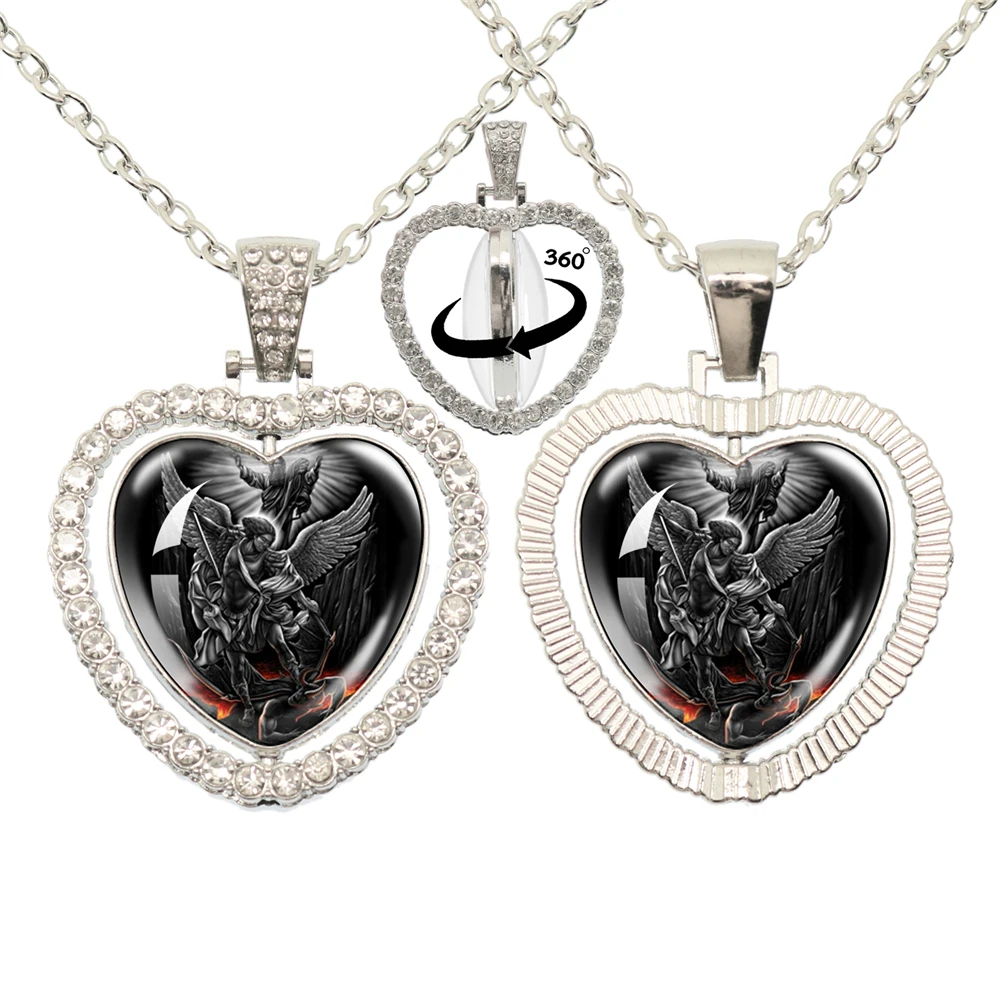 Archangel St. Michael Protect Me Saint Shield Double Sided Necklace 360 Degree Rotating Heart Shaped Pendant Jewelry For Friends