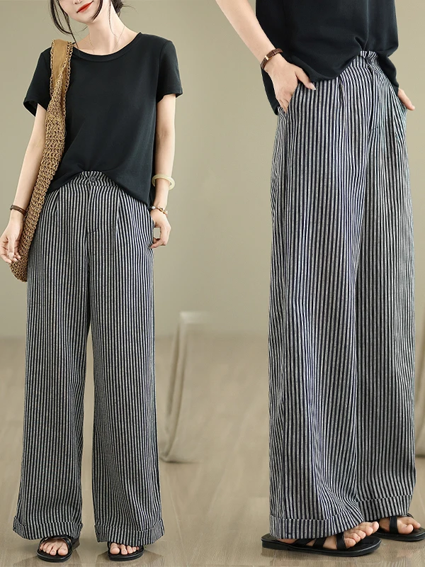 Casual Loose Fit Wide Leg Pants Thin Material Black White Stripes Women's Autumn Outfit Comfortable Relaxed Style Straight Cut