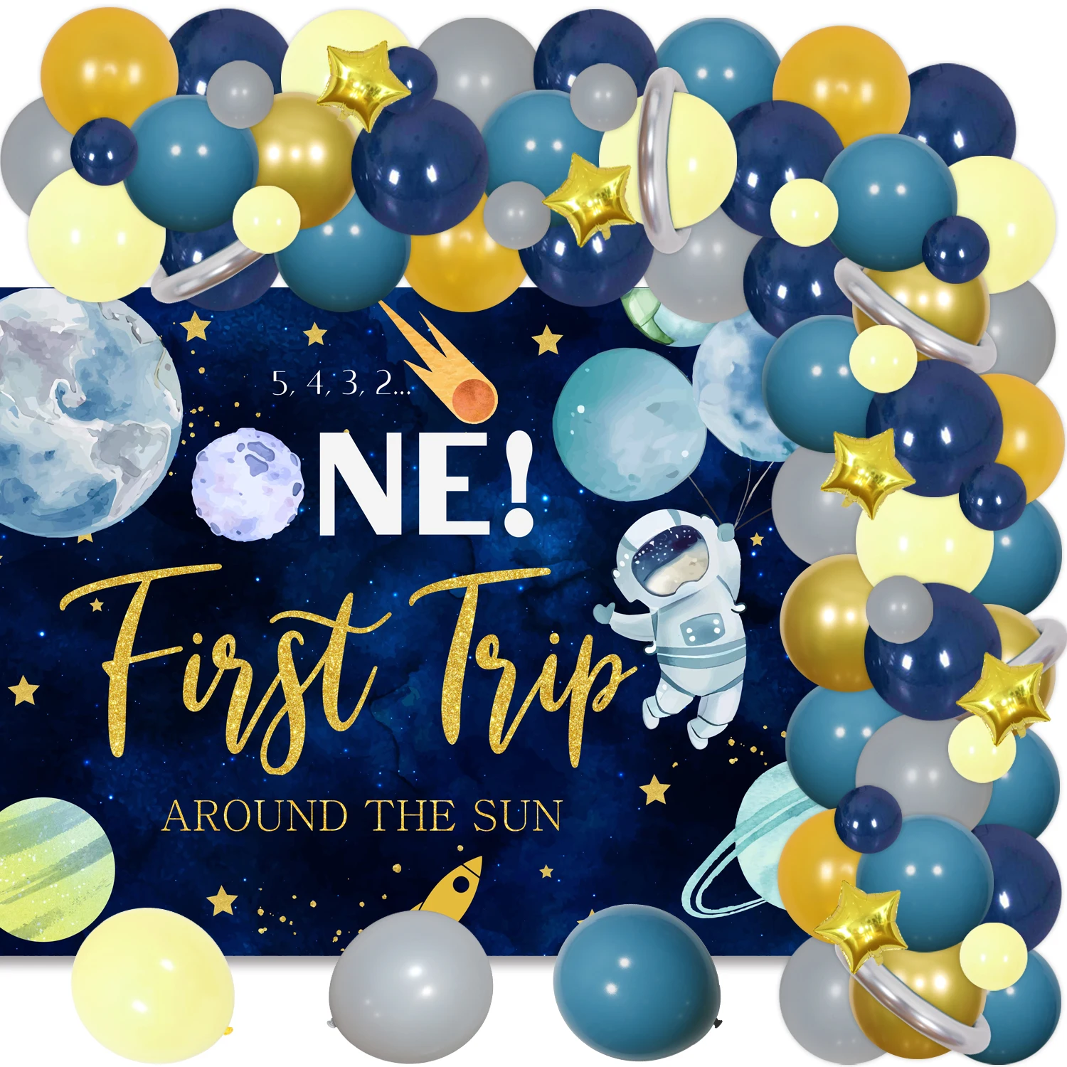 

Space Balloon Arch Kit for Boy's 1st Birthday Party Decor, First Trip Around the Sun Backdrop, Silver Moon Star, Blue and Gold