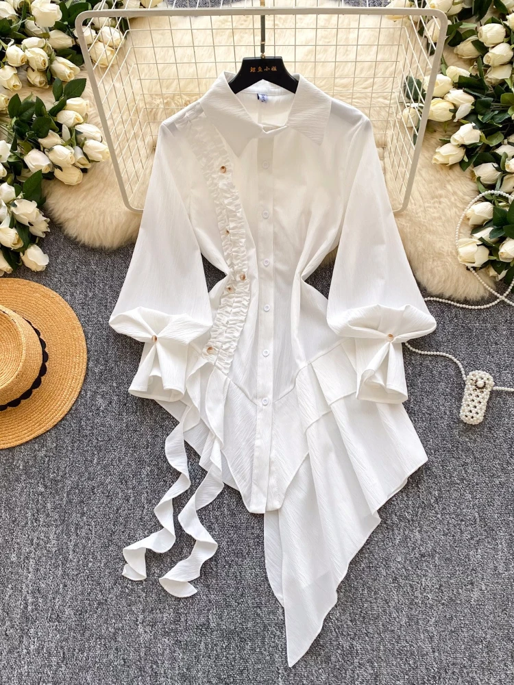 

Asymmetric ruffle edge shirt 2026 women's summer new Korean version design sense cinched waist fashion long sleeved top