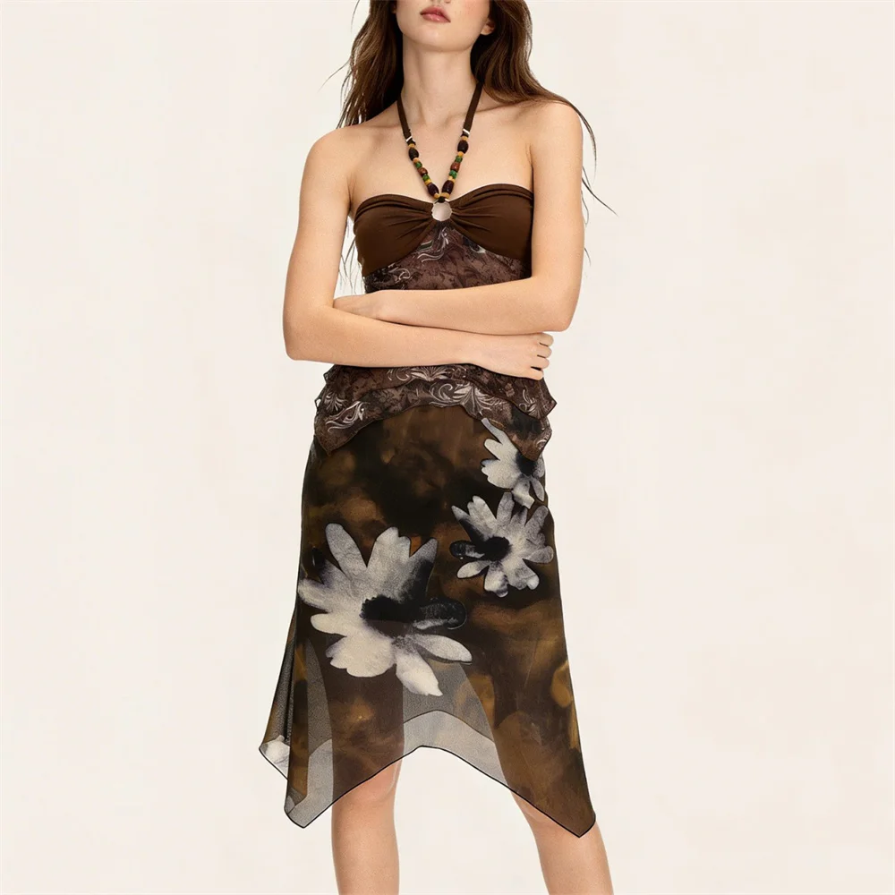 Boho Floral Chiffon Midi Skirt Women Summer Beach Vacation Skirts Casual Irregular Hem Printed Skirt Ladies Festival Outfits