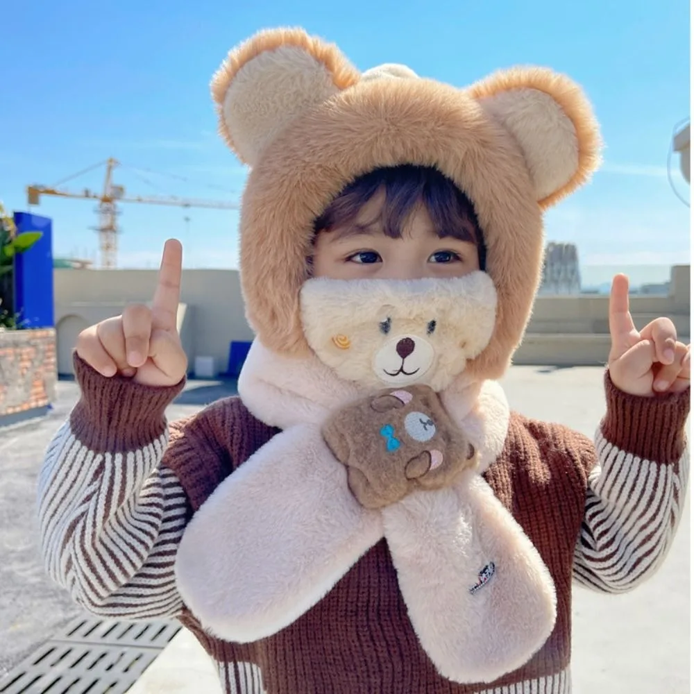 Solid Color Bear Plush Hat Fashion Design Korean Style Children Fleece Hat Muffler Cloth Accessories Plush Hat with Scarf Boy