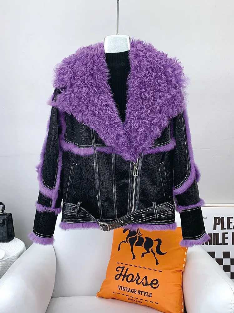 Women Luxury Splicing Sheep Wool Collar Punk Real Rabbit Fur Lining Short Coat Winter High Street Thick Warm Faux Leather Jacket