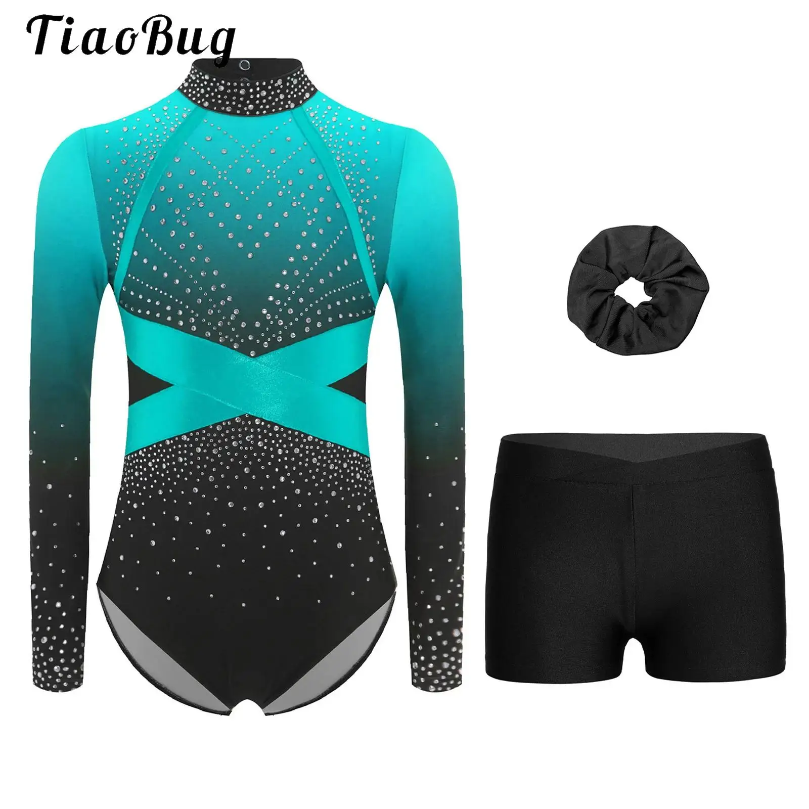 

Kids Girls Shiny Rhinestone Gymnastics Leotards Ballet Jersey Leotards Bodysuit and Shorts Set Artistic Figure Skating Costume