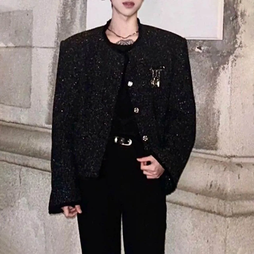 

Мужская осенняя куртка, блестящее звездное небо, бальная куртка с подплечниками, уличная одежда, модный топ для выступлений в ночном клубе, мужская одежда