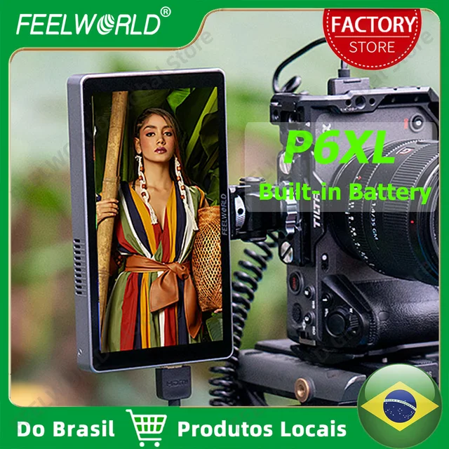 Do Brasil FEELWORLD P6XL 6 Polegada Tela Sensível Ao Toque de Alumínio Bateria Embutida Câmera Monitor de Campo 1200nit 1920x1080 4K HDMI Forma de Onda