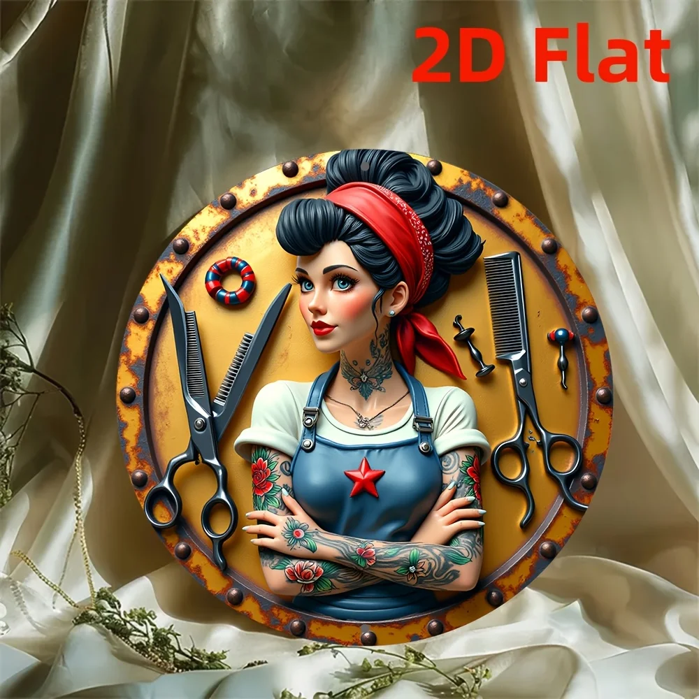 2D Flat, 1pc 2D Flat print 7.87x7.87inch Metal iron sign 8-Inch Round Hair Stylist Wall Sign - Vintage Barber Shop Decor with Sc