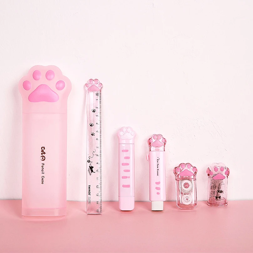 

Cat Paw Pencil Case Cute Stationery Set Sharpener Correction Tape Kawaii Eraser Papeleria Ruler Pencil Box School Supplies For K