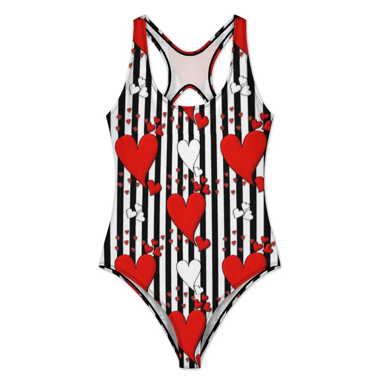 Valentine Heart Print Swimsuit Sexy Black Stripes Lady Swimwear One-Piece Fashion Bodysuit Fitness Push Up Backless Bathing Suit