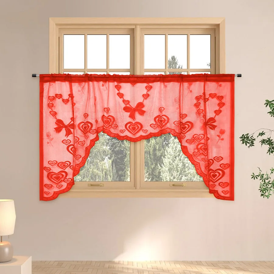 1 piece of Valentine's Day wedding ceremony party curtain - heart-shaped lace coffee-colored curtain fabric
