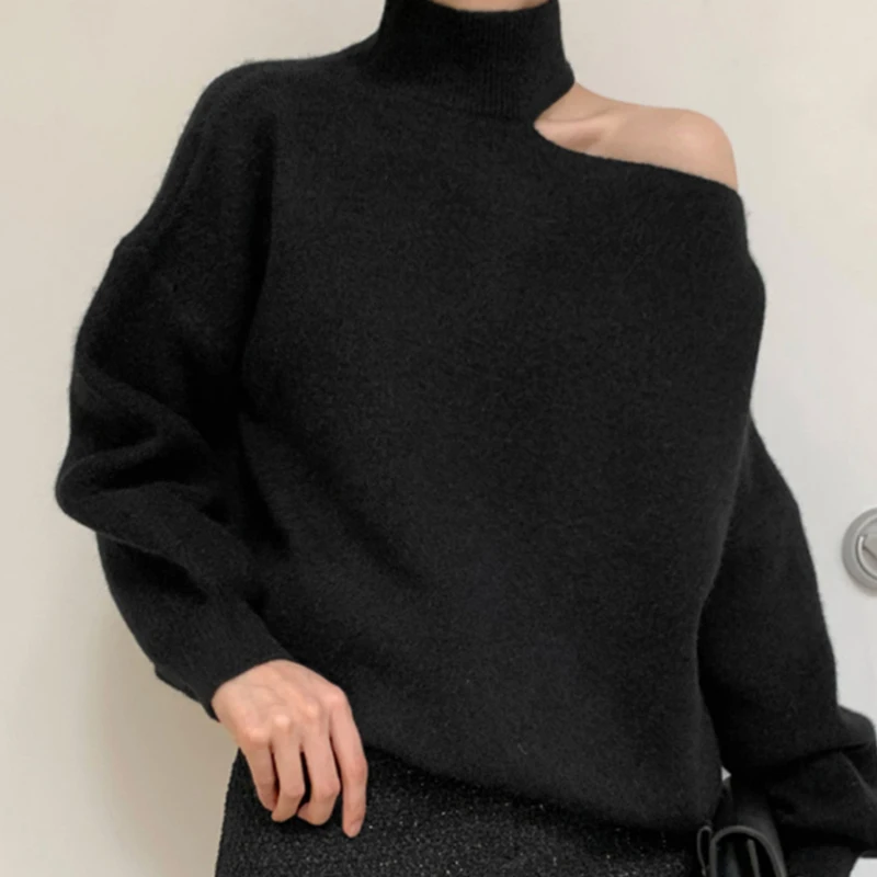 ITOOLIN Autumn Women One Shoulder Hollow Out Sweater Turtleneck Long Sleeve Knit Pullovers Women Loose Causal Sweater Winter