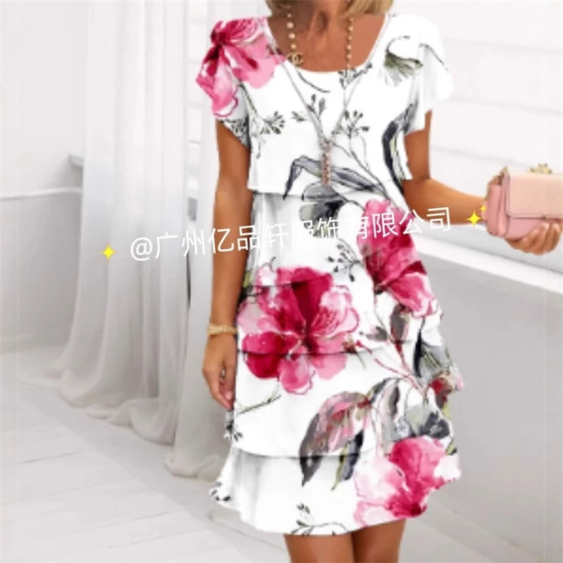 2025 primavera chique floral impressão chiffon vestido mulher elegante tripulação pescoço em camadas vestido plissado verão manga curta a linha vestido de festa