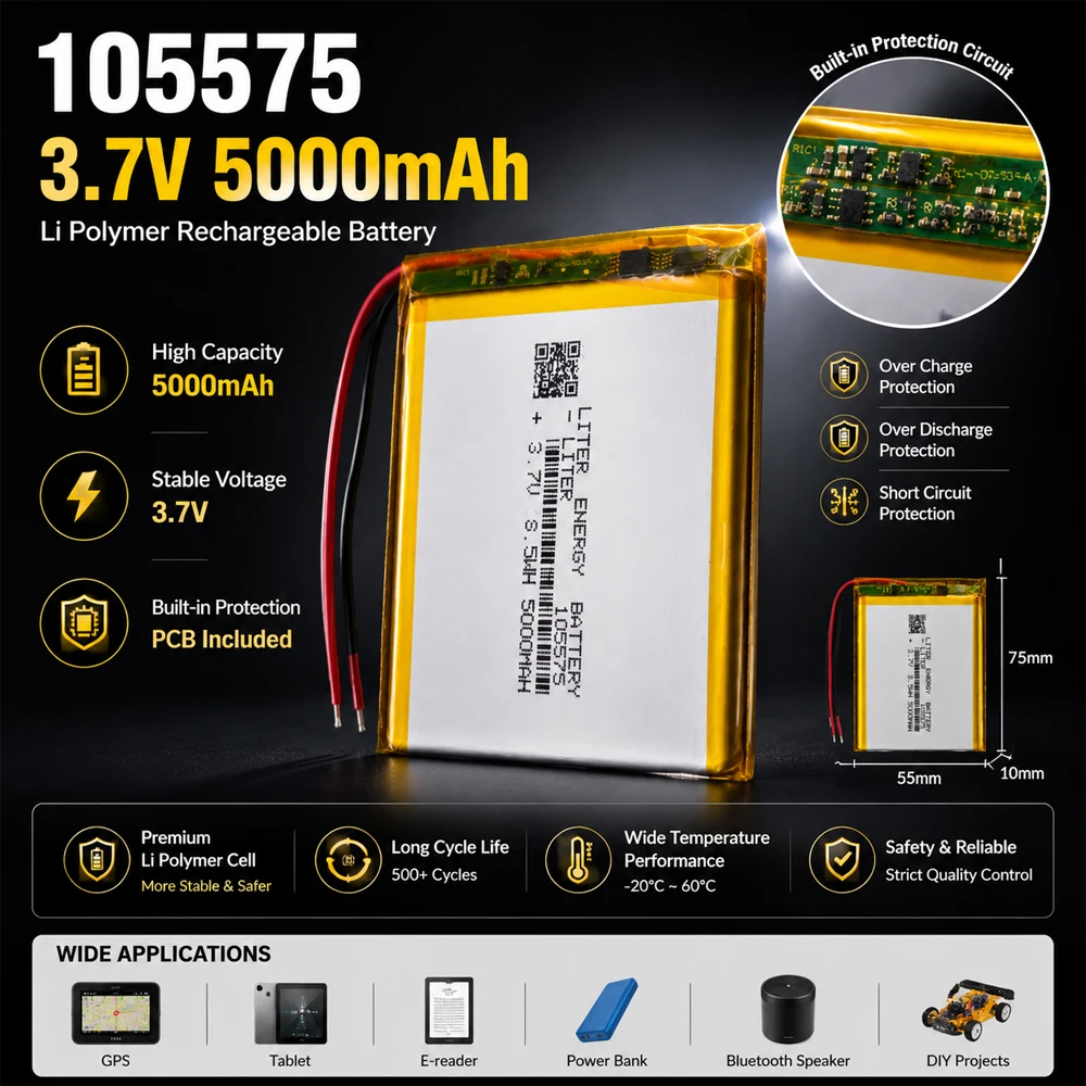 105575 3.7V 5000mAh Rechargeable Battery, Suitable for DIY Mobile Phone Emergency Power Banks and Laptop Batteries, 1-10 Cells.