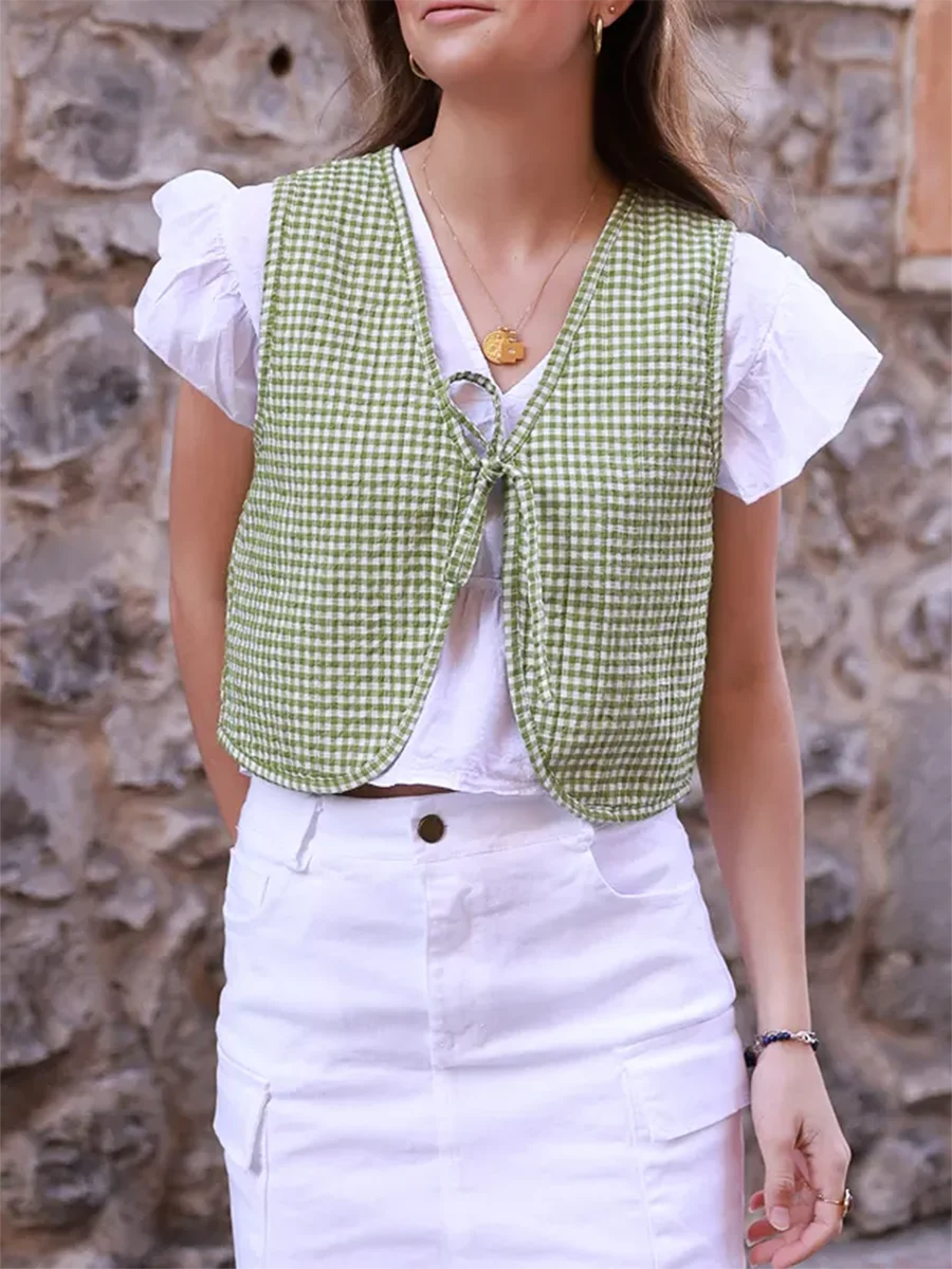 Women Vintage Gingham Vest Casual Tie Front Sleeveless Cardigan Waistcoat V-neck Checkered Cropped Vest Tops