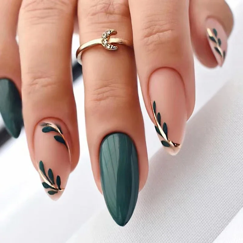 24Pcs Artificial Press on Nails Medium Simple Almond Fake Nails with Tools Prosthetic Nail Set Green Leaves Design False Nails