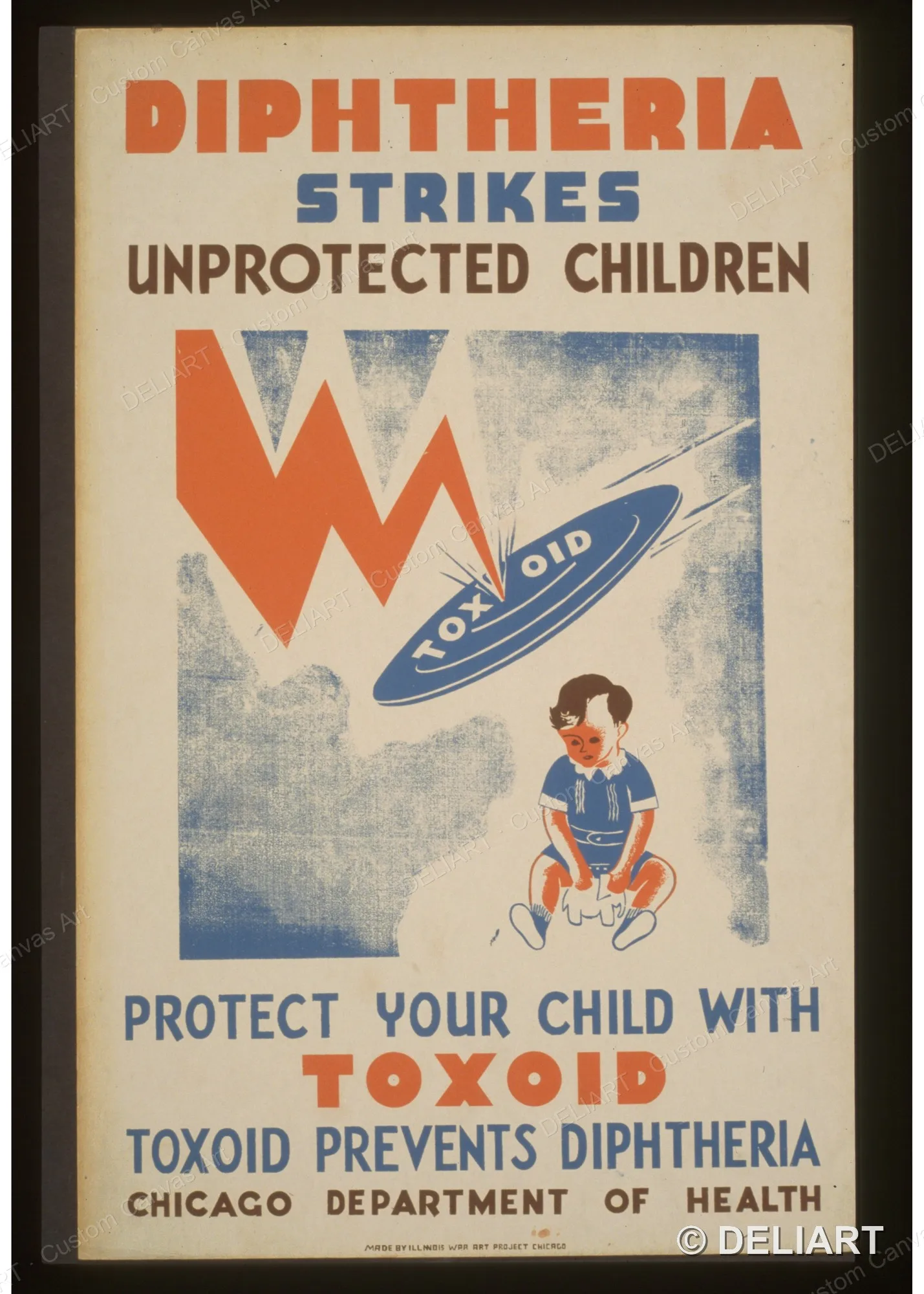 Diphtheria strikes unprotected children Protect your child Vintage WPA Public Health Canvas Wall Art Poster Print Unframed