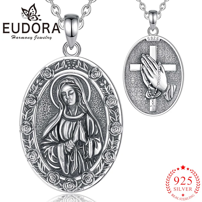 

Eudora 925 Sterling Silver Virgin Mary Necklace Cross Prayer Religious Pendant Amulet Flower Vintage Jewelry Gift For Women