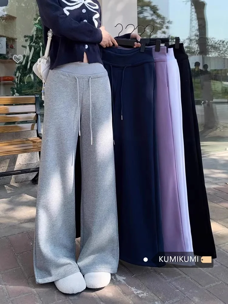 Kumikumi Elastic Waist Drawstring Straight Casual Pants Women Winter Fleece-lined Thick Wide Leg Pants Warm Sports Trousers