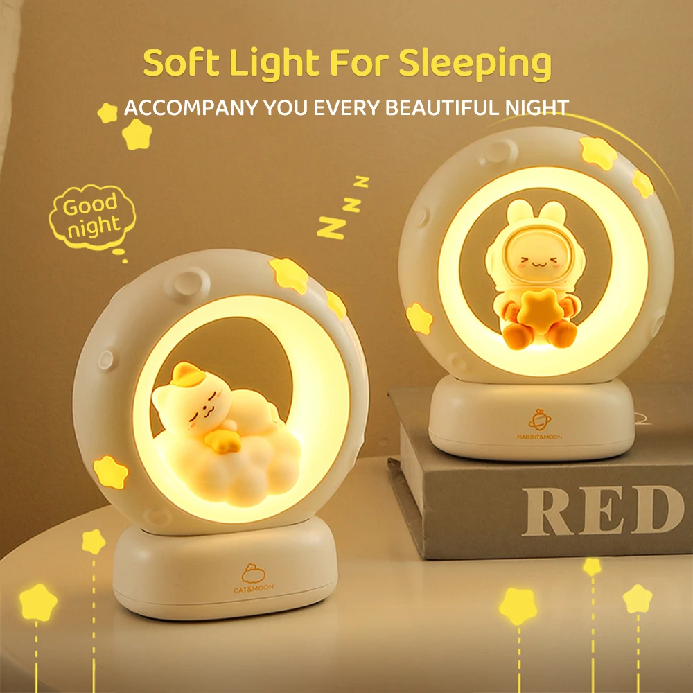 3Style Moon Night Light Cute Rabbit Cat Panda Lamps Room Bedside Decoration USB Rechargeable Kawii Animal Gift Warm Soft Light