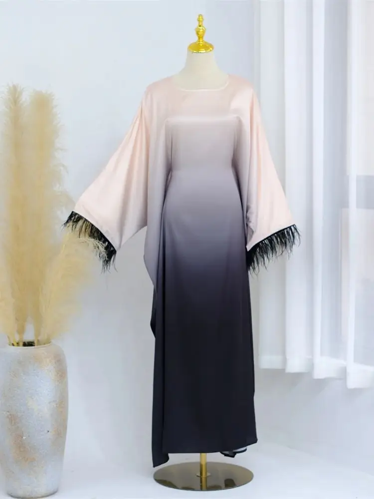 Eid Gradient Fashion Feather Satin Robe Femmes Musulmane Abaya Dubai Muslim Modest Dress Islam Clothing Abayas For Women Kaftan