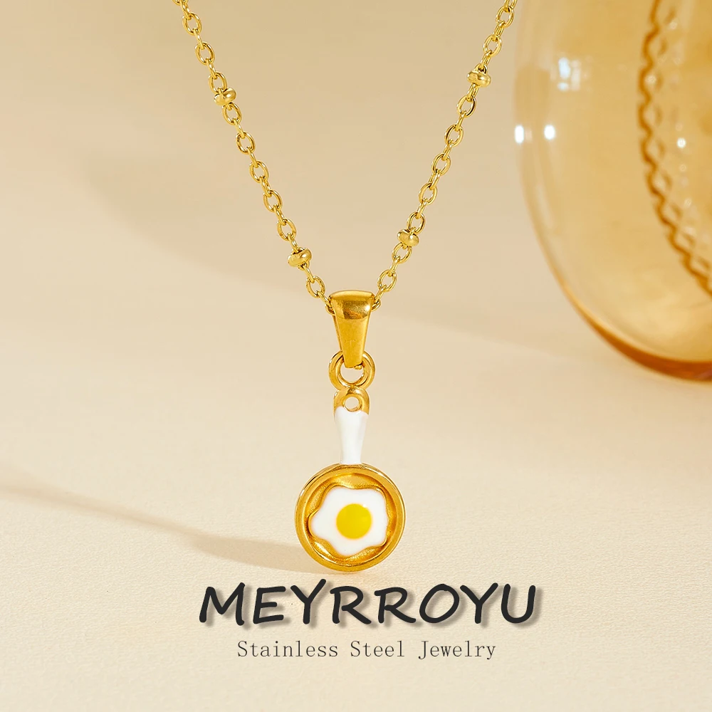 MEYRROYU Stainless Steel Cute Fried Egg Pan Pendant Necklace Women Golden Food Charm Neck Chain Waterproof Fashion Jewelry Gift