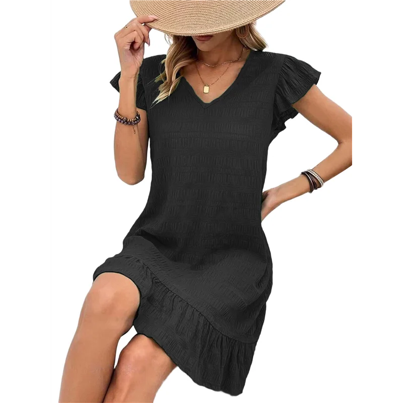 Summer Dresses For Women V Neck Cap Sleeve Ruffle Hem Smock Short Dress