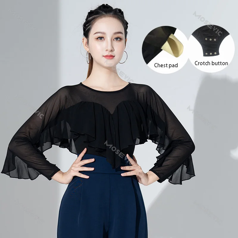 NEW Adult Women Ballroom Costume Modern Latin Dance Top Chest Pad Long-sleeved Chiffon Lady Sexy Mesh Fabric Dancewear