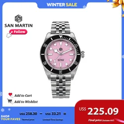 San Martin 40mm Diver Watch Pink Dial Stainless Steel NH35 Automatic Mechanical Watches for Men Sapphire Waterproof 200m SN0128